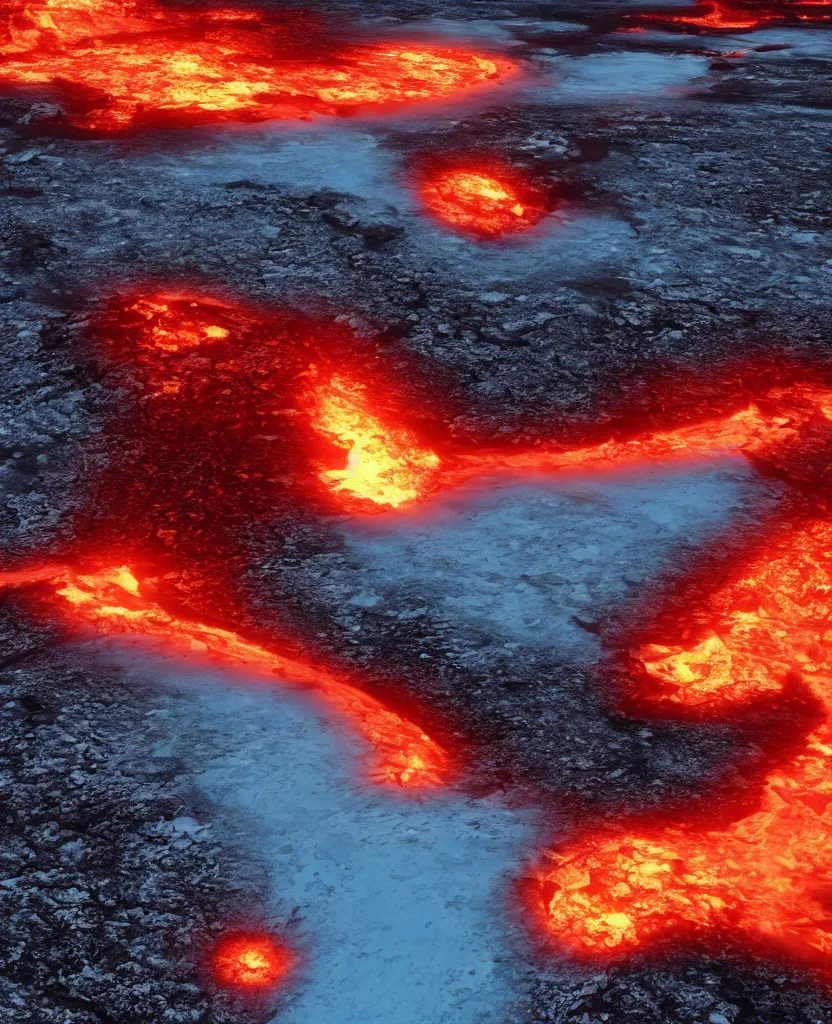 Prompt: Icy road on a planet of lava, flames alongside the road, perspective of the driver, photorealism, 4k