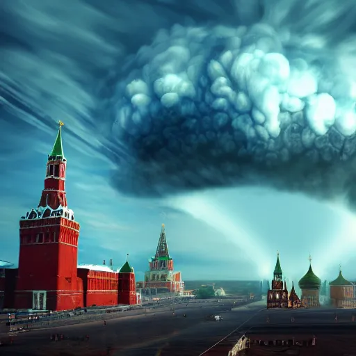 Prompt: a big nuclear explosion in Red Square Kremlin, dynamic lighting, clouds, cinematic, extremely high detail, photo realistic, cinematic lighting, post processed, concept art, artstation, matte painting, unreal engine 8k