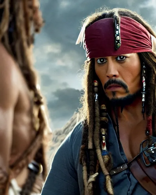 Image similar to Film still close-up shot of Dwayne Johnson as Captain Jack Sparrow from the movie Pirates of the Caribbean. Photographic, photography