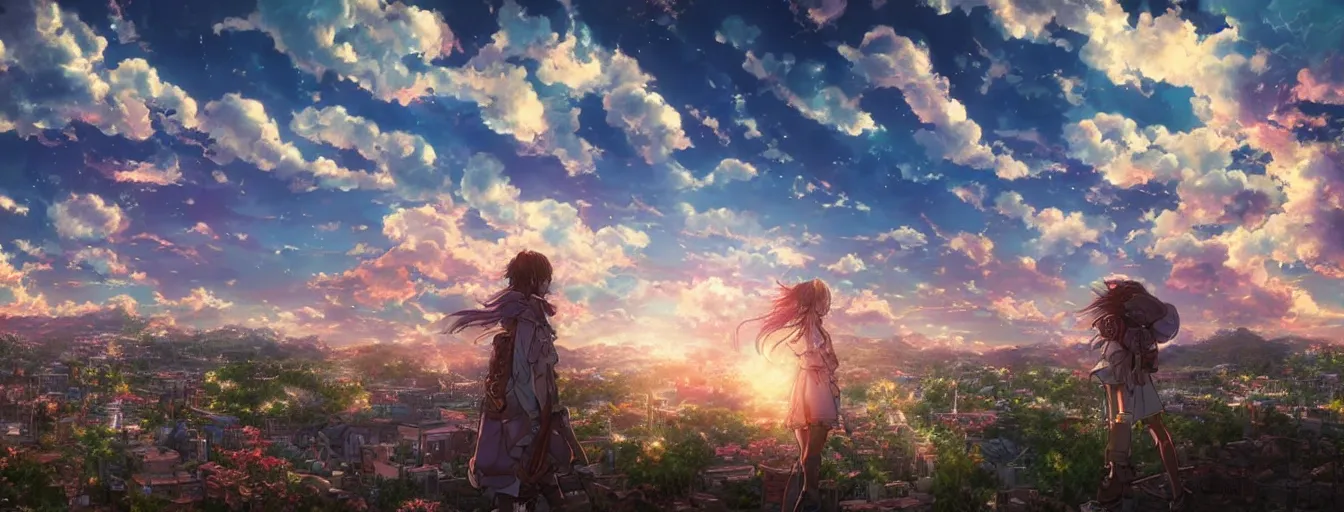 Prompt: the aesthtic view of a beautiful, dreamy, wistful sky with light. hyperrealistic anime background illustration by kim jung gi, colorful, extremely detailed intricate linework, smooth, super sharp focus, bright colors, high contrast, matte, octopath traveler, unreal engine 5 highly rendered, global illumination, radiant light