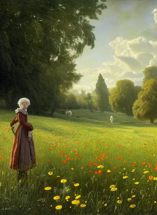 Image similar to the cat in the meadow from flowers : dandelions, poppy, tulip, chamomile, hyperrealism, no blur, 4 k resolution, ultra detailed, style of ivan shishkin, tyler edlin, tom bagshaw, arthur rackham,