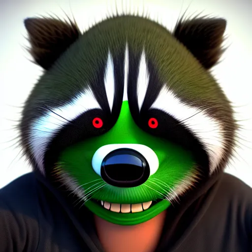 Prompt: a relaxed stoner with a black hoodie on with a marijuana themed dark green raccoon head from dr seuss, 3 d, blender 3 d, render, extremely detailed, 8 k, detailed fur