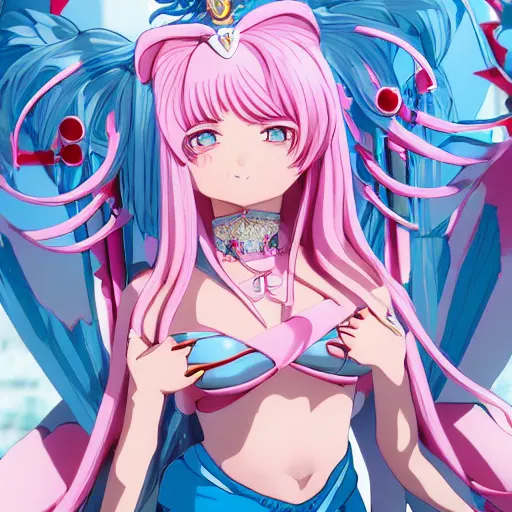 Prompt: stunningly beautiful omnipotent megalomaniacal anime goddess with porcelain skin, pink twintail hair and mesmerizing cyan eyes, symmetrical perfect face smiling in a mischievous, devious and haughty way while looking down upon the viewer, mid view, hyperdetailed, 2 d, 8 k