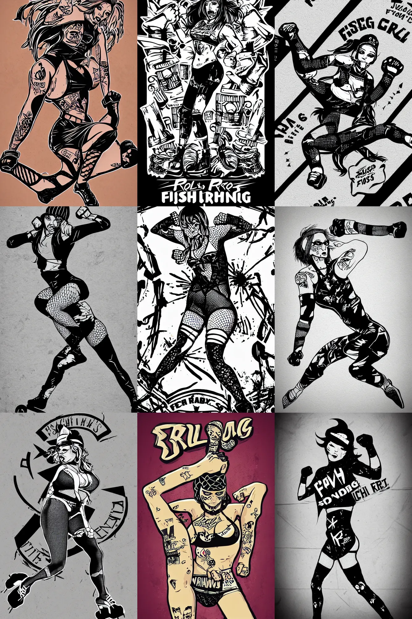 Prompt: logo design, roller derby girl sprinting Cross-Over, full length portrait, fishnet tights, torn, ripped, fists in the air, mcbess