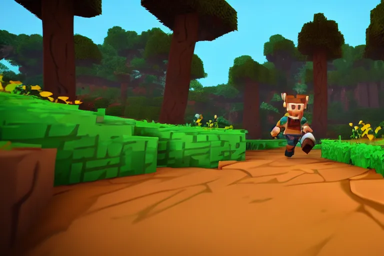 Prompt: Hytale Gameplay, Kweebec running through a forest, depth of field shot