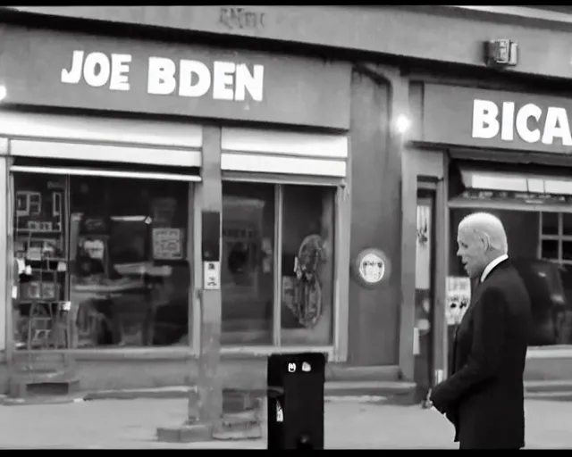 Prompt: camera footage of joe biden outside corner store with time code, high exposure, dark, monochrome, camera, grainy, CCTV, security camera footage, timestamp, zoomed out