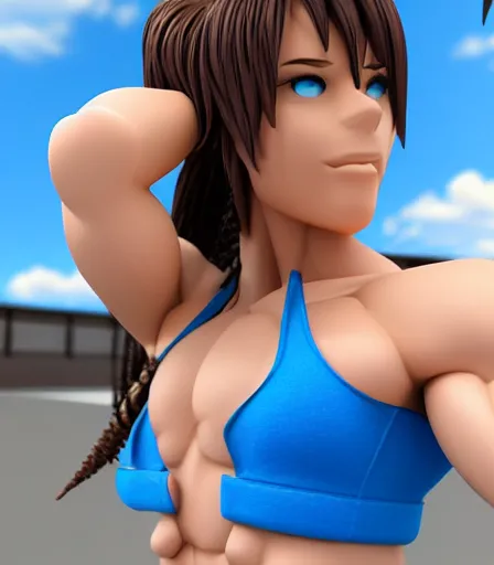 Image similar to Brown hair, blue tank top and shorts, muscular anime woman in the style of stanley artgerm