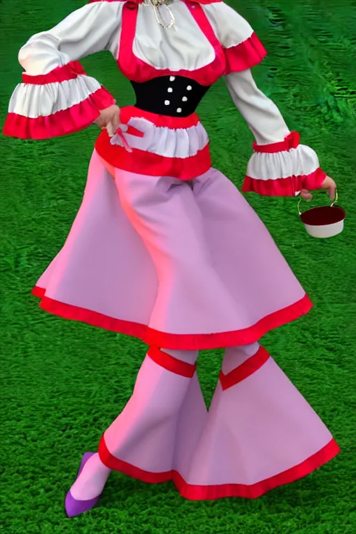 Prompt: a Marvelous Designer render of a 1998 Dutch milkmaid costume with a cowbell choker and exposed midriff. drag queen, campy. Cow Costume with Udders, comical. Cloven Hoof High-Heeled Boots. Puff sleeves, ruched bodice.