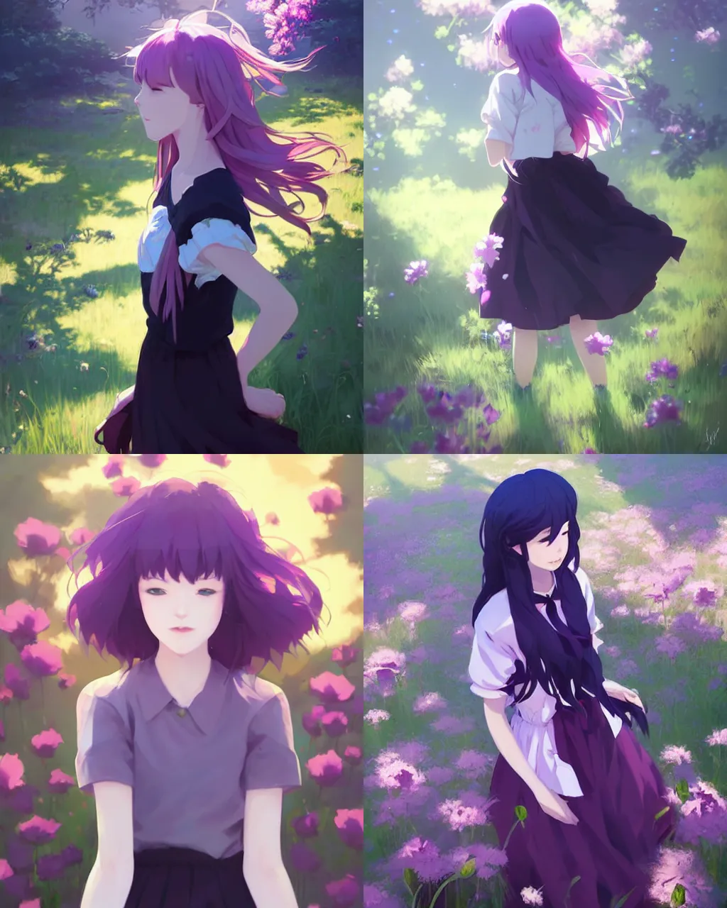 Prompt: girl with purple hair and black skirt, there are many flowers around, a beautiful portrait, top lighting, perfect shadow, soft painting, art by hidari and makoto shinkai and wenjun lin