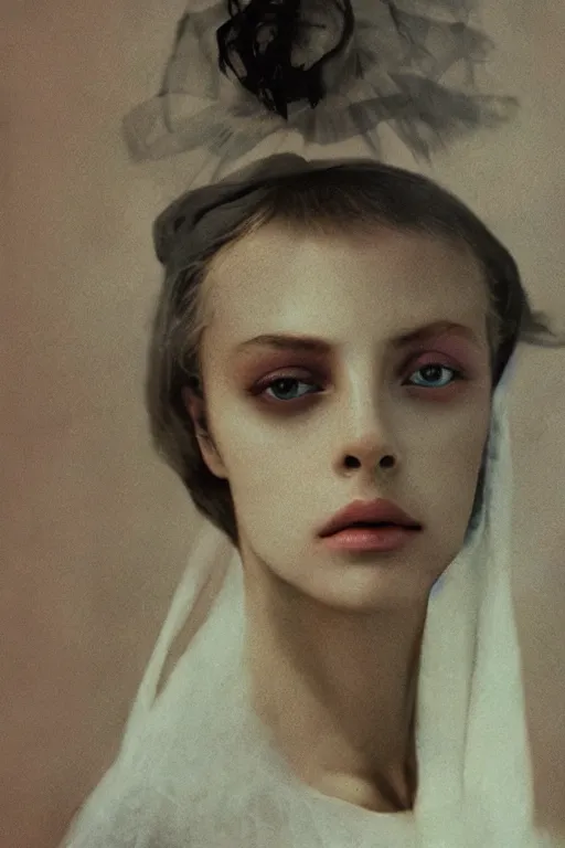 Image similar to hyperrealism close - up fashion portrait by roversi photo from the holy mountain by alejandro jodorowsky in style of francisco goya