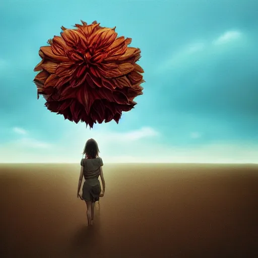 Image similar to closeup giant dahlia flower floating head, a girl walking between dunes, surreal photography, sunrise, blue sky, dramatic light, impressionist painting, digital painting, artstation, simon stalenhag