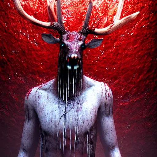 Prompt: Photorealistic wendigo elk dripping blood. Hyperdetailed photorealism, 108 megapixels, amazing depth, glowing rich colors, powerful imagery, Eldritch Horror Overtones, 3D finalrender, 3d shading, cinematic lighting, artstation concept art