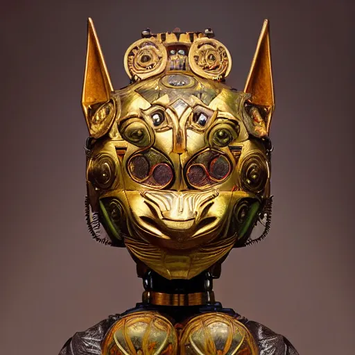 Prompt: beautiful sculpture of an ornate mechanical robot cat head, by annie swynnerton and diego rivera and nicholas roerich and jean delville, symbolist, dramatic lighting, god rays, elaborate geometric ornament, art brut, soft colors, smooth, sharp focus, extremely detailed, adolf wolfli and ( donato giancola )