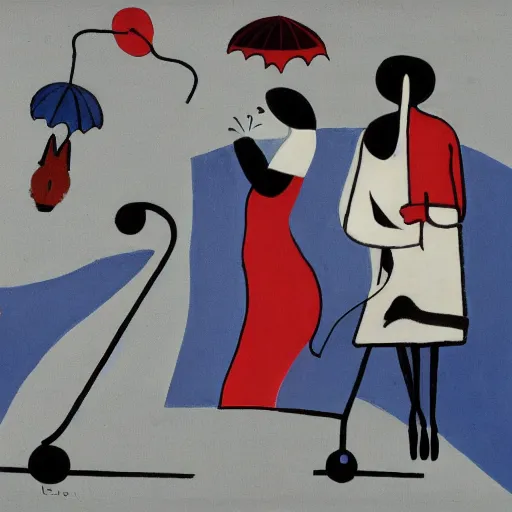 Image similar to an acryllic painting of a group of strange people, on a pale background, muted palette mostly white, black, gray, dark red, dark blue, figure riding penny farthing, woman in long dresses with parasol, astronaut, objects and shapes are scattered around the composition, minimalistic, mixed media, in the styles of both joan miro and mark rothko