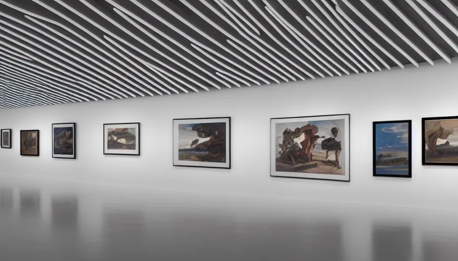 Prompt: interior futuristic art gallery wide angle highly detailed by santiago calatrava, three wall hanging paintings famous pieces by caravaggio!, captivating 8 k hdr, octane render godrays hyperrealism