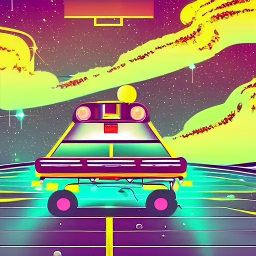 Prompt: Robot Taxi Driving through space, intergalactic background, vaporwave style