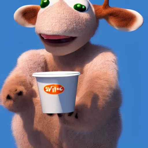 Prompt: cute furry cow character with a cup of coffee on top of his head, 3d render by Pixar, raytracing, 4k, dynamic lighting