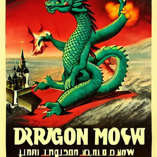 Prompt: Dragon invasion of Moscow, Russia cold war poster style