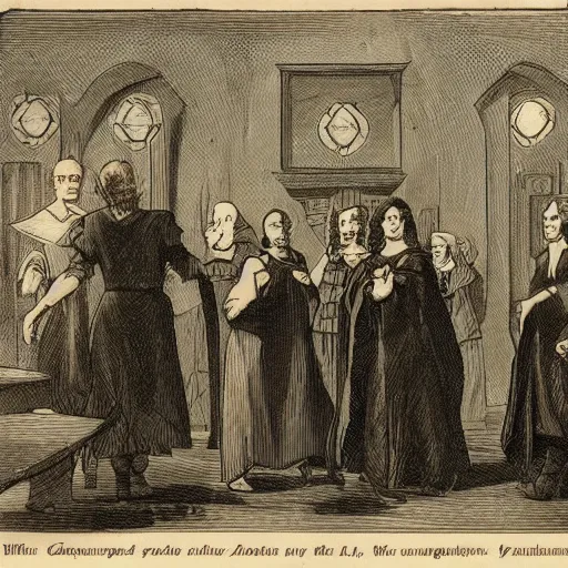 Image similar to a group of inquisitor's judging a witch in a court room