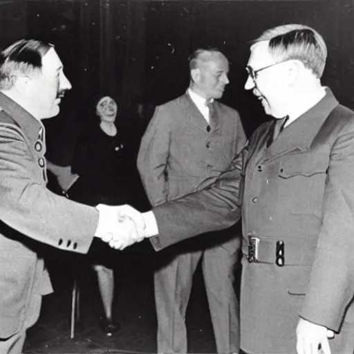 Prompt: vintage photograph of sam hyde and adolf hitler shaking hands, very detailed,