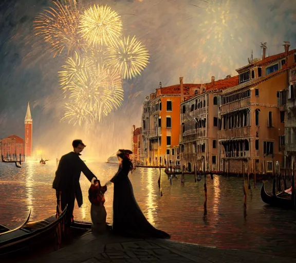 Image similar to photography of a 1 8 th couple in venice with fireworks, deep focus, intricate, elegant, highly detailed, digital painting, artstation, concept art, matte, sharp focus, illustration, art by artgerm and greg rutkowski and alphonse mucha and gil elvgren