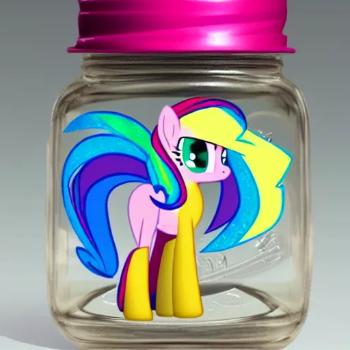 Image similar to a my little pony figure in a jar covered in a mysterious sticky yellowish fluid