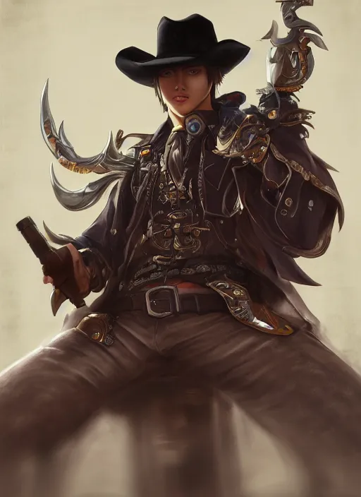 Image similar to a highly detailed illustration of kento yamazaki as a cowboy wearing black cowboy hat, dramatic smiling wielding revolvers pose, perfect face, intricate, elegant, highly detailed, centered, digital painting, artstation, concept art, smooth, sharp focus, league of legends concept art, wlop