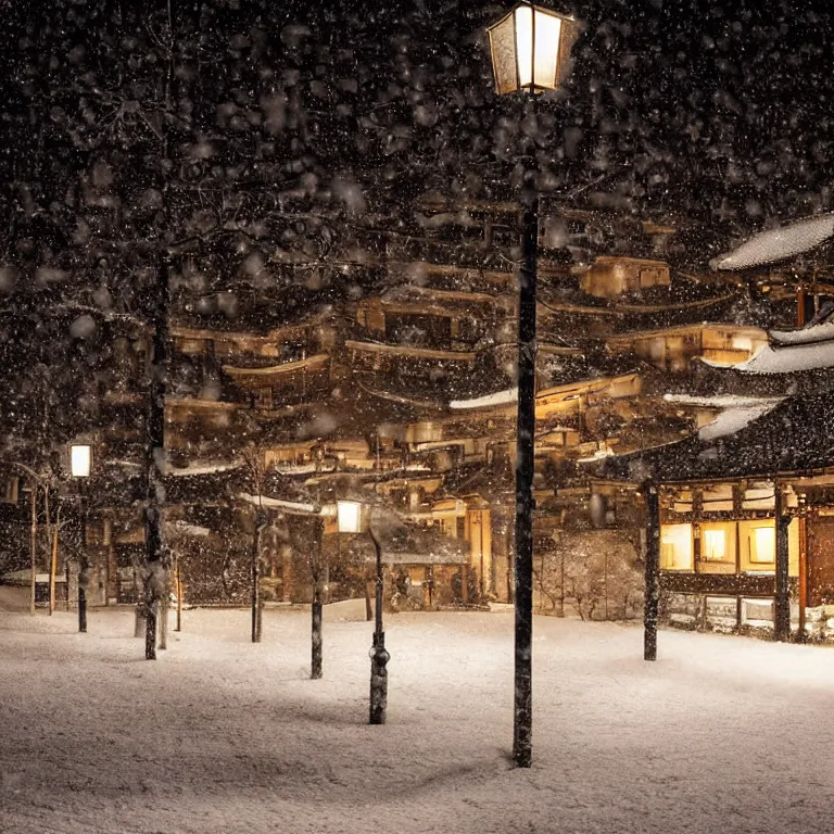 Image similar to snowy japanese courtyard illuminated by street lamps, high resolution photograph