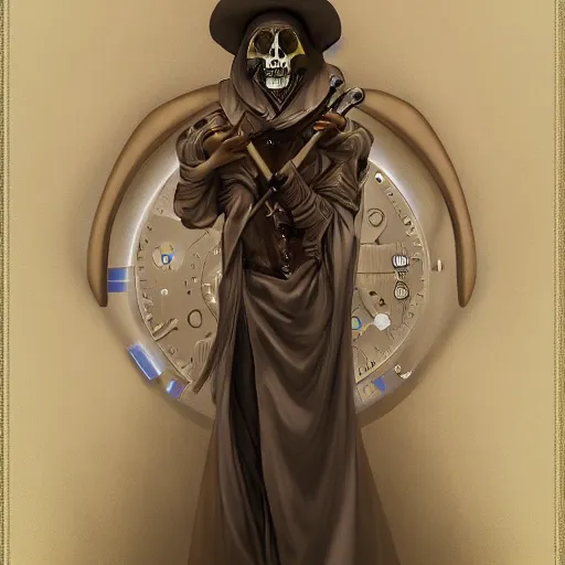 Image similar to amazing lifelike award winning clockwork grim reaper trending on art station artgerm greg rutowski alpgonse mucha cinematic