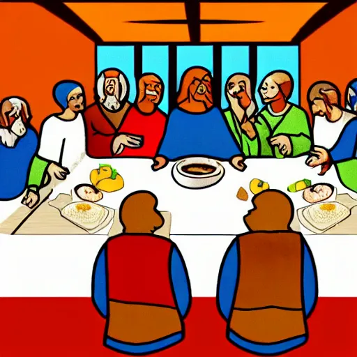 Image similar to the last supper but everyone has taco bell food on their plates