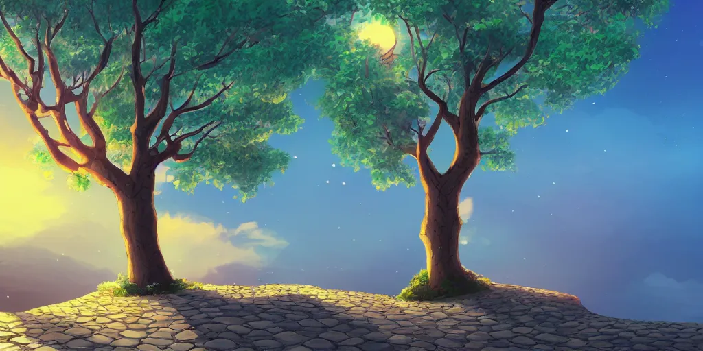 Prompt: a lonely cobblestone street with a tree on a cliff over the sea at sunset, 2d illustration, kawaii manga style, flat style, artstation