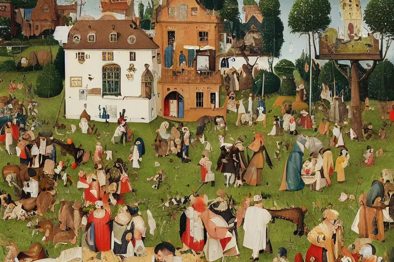 Prompt: an elaborate and dense painting of a peaceful neighborhood scene, detailed, made of alcohol ink on parchment and penned illustrations, by wes anderson and hieronymus bosch and geoff darrow