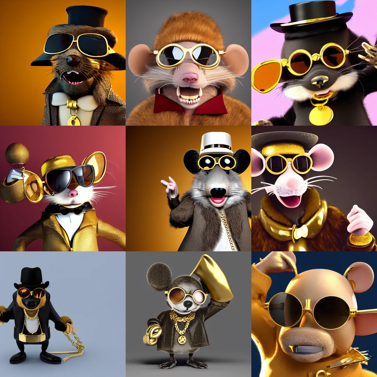 Prompt: anthropomorphic gangster rat wearing a fur coat, wearing sunglasses and a hat, wearing a gold chain long fur, detailed, 3d render, 4k, disney