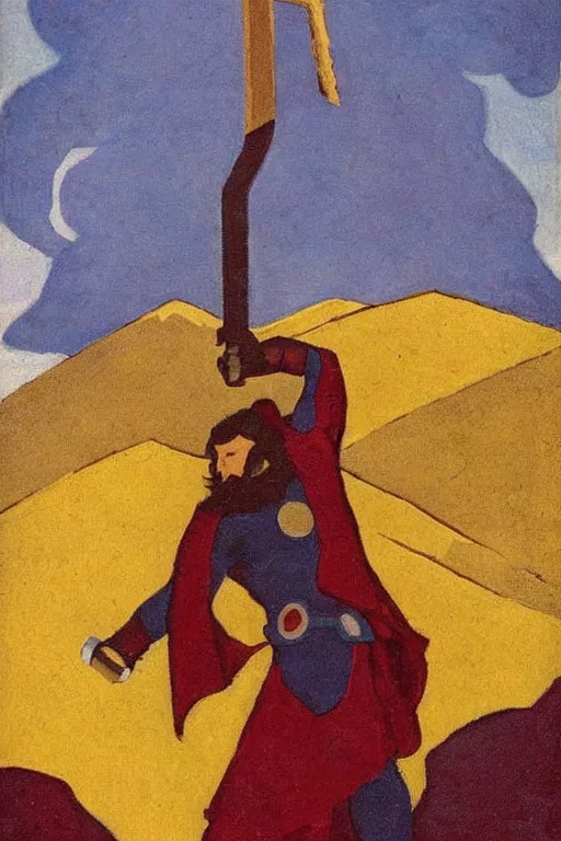 Prompt: thor holding the hammer, stay on mountain, marvel, artwork by nicholas roerich,