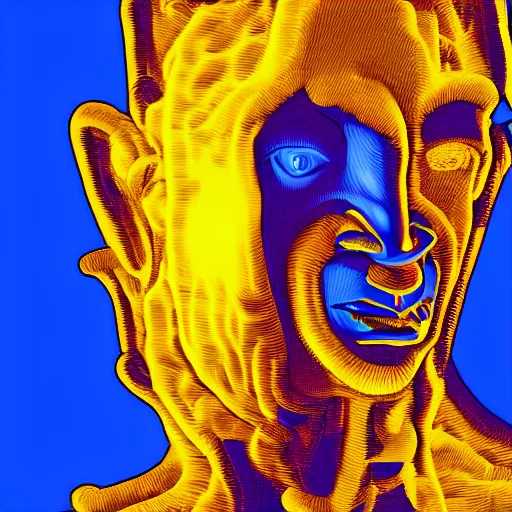 Image similar to human man that resembles a wasp morh in surreal sketch style, blue and yellow gradient, noise, ultrafine detail, hd 8k, logo illustration