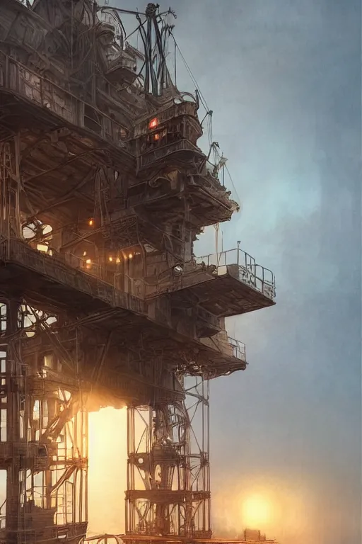 Image similar to a highly detailed matte painting of a soviet steampunk oil rig in fog at night by studio ghibli, makoto shinkai, by artgerm, by wlop, by greg rutkowski, volumetric lighting, octane render, 4 k resolution, trending on artstation, masterpiece