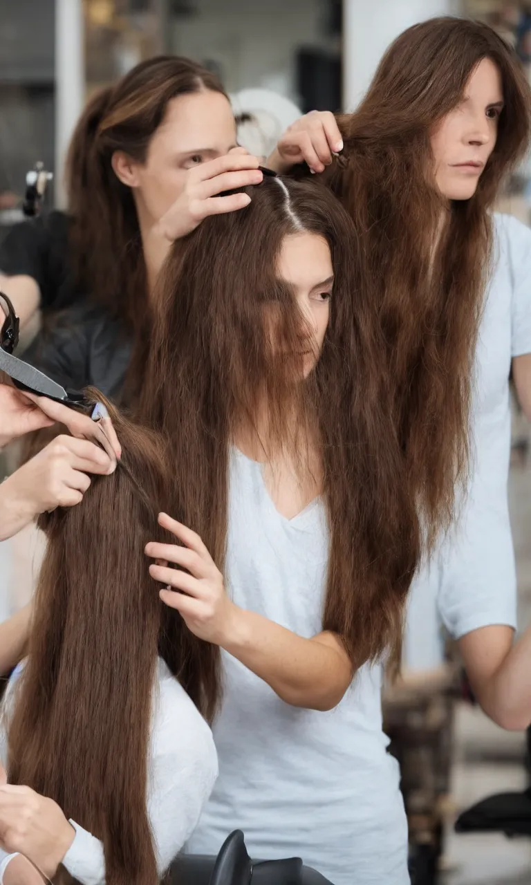 Prompt: woman with long hair getting haircut