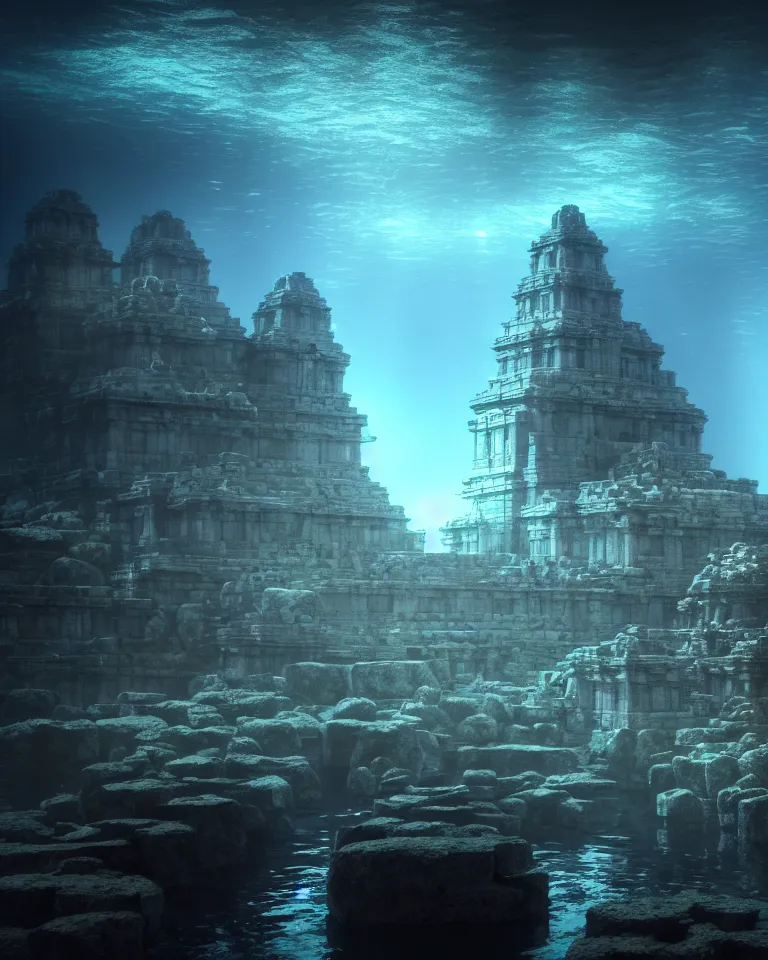 Image similar to ultrawide shot of submerged pre - incan temple, anime style mixed with fujifilm, dark, underwater, symmetrical, bubbles, abyss, dark, murky, foggy, atmospheric, crepuscular rays, artstation, cgsociety, octane render, cgi, unreal engine 5, denoise, detailed, cinematic masterpiece