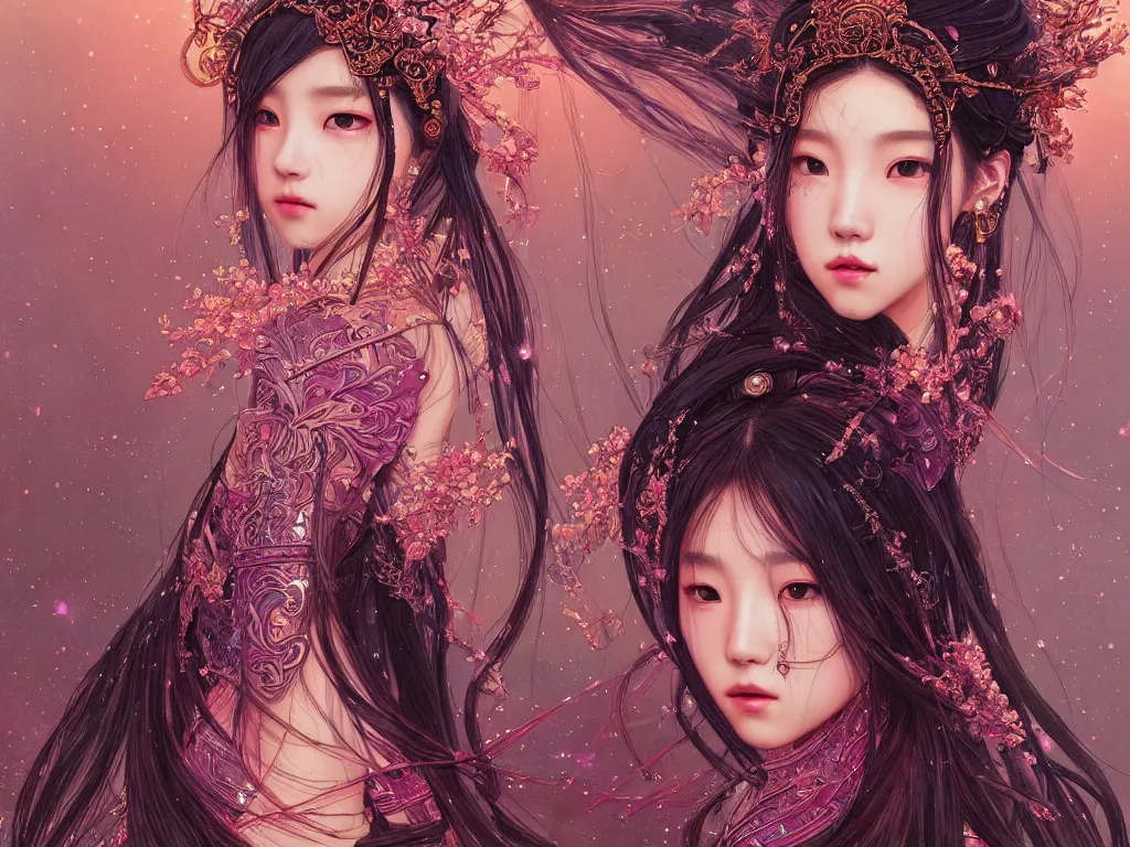 Image similar to portrait jisoo blackpink, wearings samurai colorpunk armor, in temple fire stormy sparkles night, ssci - fi and fantasy, intricate and very very beautiful and elegant, highly detailed, digital painting, artstation, concept art, smooth and sharp focus, illustration, art by tian zi and wlop and alphonse mucha