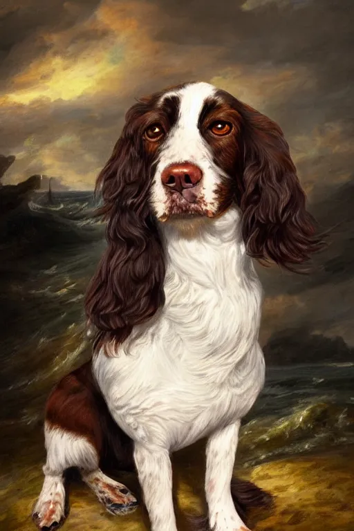 Image similar to a painted portrait of a springer spaniel with brown fur, no white fur, wearing a sea captain's uniform and hat, sea in background, oil painting by thomas gainsborough, elegant, highly detailed, anthro, anthropomorphic dog, epic fantasy art, trending on artstation, photorealistic, photoshop, behance winner