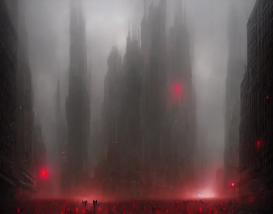 Image similar to a gigantic humanoid robot in the fog with red eyes marching across a metropolis, by greg rutkowski and moebius, epic, hyper detailed, cinematic, dramatic lighting, vivid colors, horror