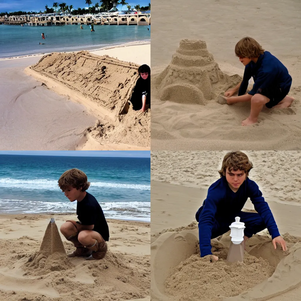 Prompt: anakin skywalker building a sandcastle on the beach