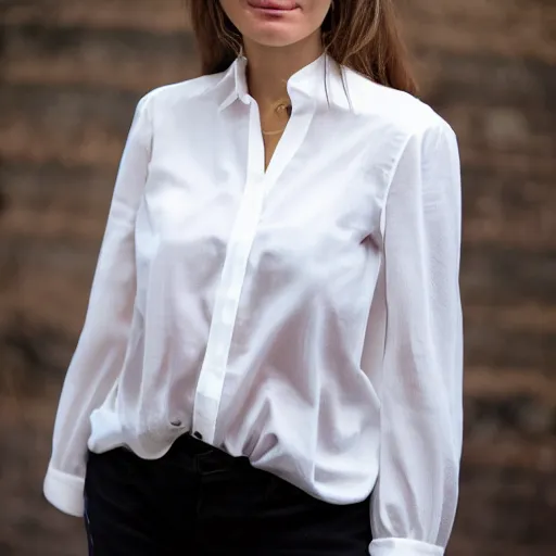 Prompt: photo of a woman wearing a white'blouse'