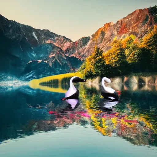 Image similar to photo of two black swans swimming in a beautiful reflective mountain lake, touching heads, forming a heart with their necks, a colorful hot air balloon is flying above the swans, hot air balloon, intricate, portrait, 8k highly professionally detailed, HDR, CGsociety, octane render, 4k