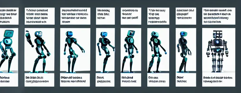 Image similar to an evolution diagram from left to right of robots, 8 k, hyper realistic. the left side robots are shorter, uncropped