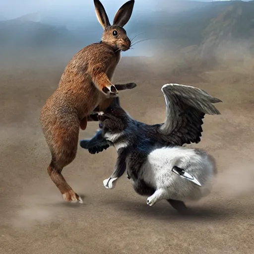 Image similar to intense battle between bipedal bunnies and humanoid eagles