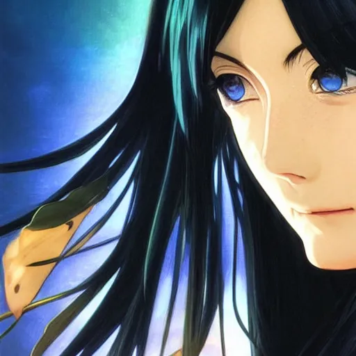 Image similar to highly detailed vfx portrait of nico robin by eiichiro oda!, makoto shinkai, alphonse mucha, art by artgerm and greg rutkowski!, backlit, harsh overhead sunlight, blue eyes!!, large aquiline nose!!, best of behance, concept art, matte, sharp focus, magali villeneuve, stanley kubrick,