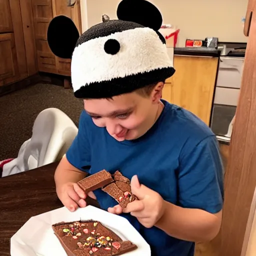 Prompt: trail cam footage of JoeysWorldTour wearing a Mickey Mouse hat while eating a chocolate pizza