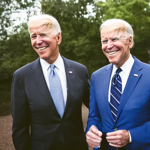 Image similar to A portrait photo of joe biden teams up with a teenage joe biden, perfect faces, 50 mm, award winning photography