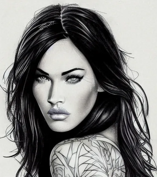 Image similar to tattoo design sketch of megan fox portrait against a background of the most beautiful nature, hyper - realistic, in the style of den yakovlev, amazing detail, black and white